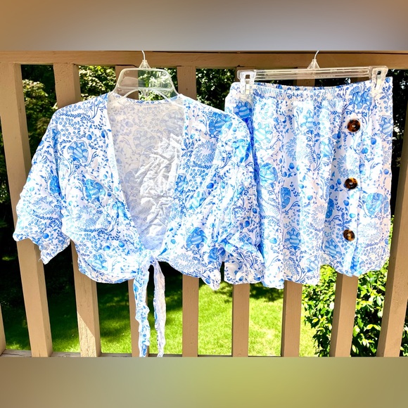 Toluca Swim Blue and White Swim Coverup Set - Picture 1 of 5